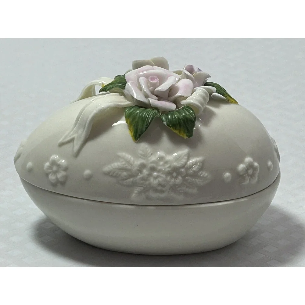 VTG Capodimonte Style Floral Oval Easter Spring Egg Jewelry Trinket Box W/ Lid